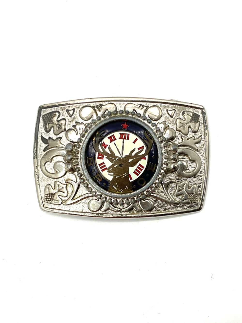 B.P.O.E.  Clock face and Elk Head Belt Buckle   3.5" X 2.5”